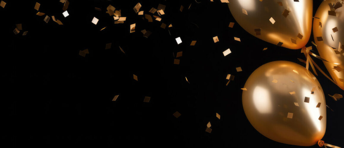 Gold balloons with gold confetti falling down over black backgro